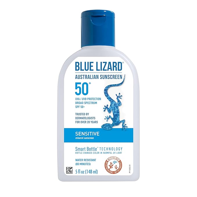BLUE LIZARD BLUE LIZARD Sensitive Mineral Sunscreen with Zinc Oxide, SPF 50+, Water Resistant, UVA/UVB Protection with Smart Bottle Technology - Fragrance Free, 5 oz Sunscreen