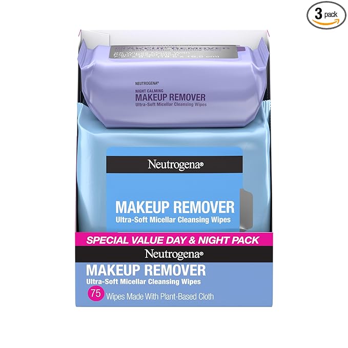 Neutrogena Neutrogena Day & Night Facial Cleansing Wipes, Makeup Remover Face Cleansing Towelettes & Night Calming Facial Cloths, 100% Plant Based Fibers Wipe Away Dirt & Oil, (3 Packs of 25) skincare