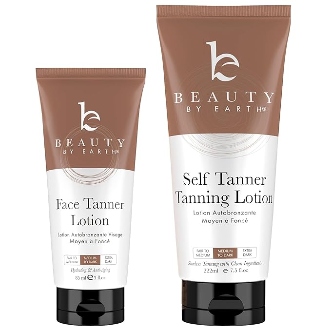 Beauty by Earth Self Tanner Face & Body - With Organic Aloe Vera & Shea Butter, Sunless Tanning Lotion, Bronzer Buildable Light, Medium or Dark Tan, Fake Tan Self Tanners Best Sellers, 7.5oz (body) 3oz (face) Moisturiser