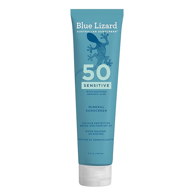 BLUE LIZARD Blue Lizard Sensitive Mineral SPF 50 Sunscreen Lotion, 100% Mineral Sunscreen, UVA/UVB Protection, Infused with organic Aloe Vera, Soothes and Hydrates, 5 fl oz Sunscreen