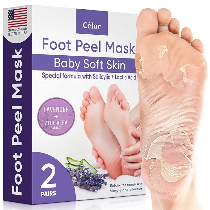 CÉLOR Foot Peel Mask - Foot Mask for Baby Soft Skin - Remove Dead Skin, Dry, Cracked Feet & Callus, Foot Spa, Made with Aloe Vera Extract for Women and Men (2 Pair (Pack of 1), Lavender) Korean face wash