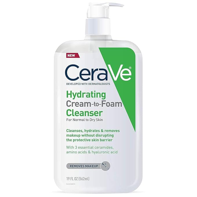 CeraVe CeraVe Hydrating Cream To Foam Cleanser, Makeup Remover Face Wash For Dry Skin, Foaming Facial Cleanser With Hyaluronic Acid, Normal To Dry Skin, Fragrance Free & Non Comedogenic, 19 Fluid Ounce Water Cleanser
