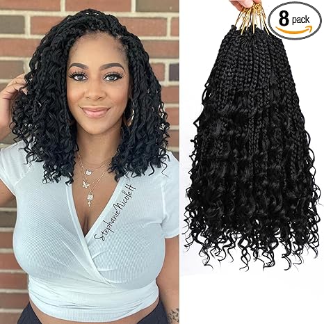 FIRSTCYH HAIR 8 Packs Goddess Box Braids Crochet Hair for Black Women-14 Inch Boho Crochet Braids Hair Synthetic Braiding Hair Extensions (1B) skincare