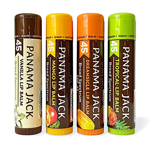 Panama Jack Panama Jack Sunscreen Lip Balm - SPF 45, Flavor Pack, Broad Spectrum UVA-UVB Sunscreen Protection, Prevents & Soothes Dry, Chapped Lips (Dreamsicle/Vanilla/Tropical/Mango) Sunscreen