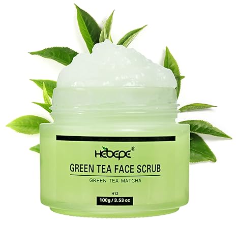 Hebepe Green Tea Matcha Face Scrub, Exfoliating Cleanser with Hyaluronic Acid, Collagen, Vitamin C & E, Apricot, and Shea Butter, Hydrating and Nourishing Facial Exfoliator for Blackhead Removal Exfoliator