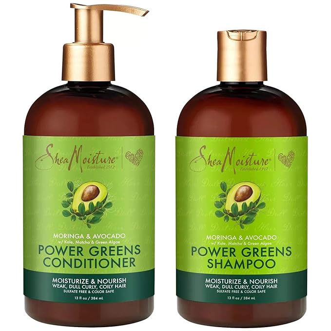 Shea Moisture SheaMoisture Power Greens Curly Hair Shampoo and Conditioner Dry Hair Moringa Avocado to moisturize, 13 Fl Oz (Pack of 2) Moisturiser