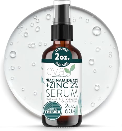 Eva Naturals Niacinamide 12% Serum for Face w/Zinc & Hyaluronic Acid – Vitamin B3 & E Pore Minimizer for Dark Spot Corrector, Even Skin Tone, Oil Control, Brightening & Hydrating for Women, 2 Fl Oz Serum