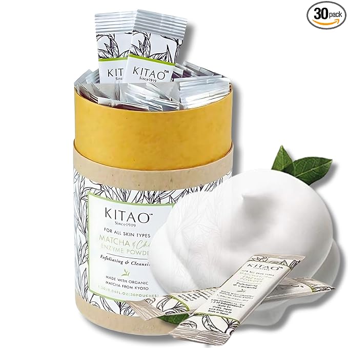 KITAO SINCE 1919 KITAO 30EA Exfoliating Enzyme Powder Face Wash for Women, Foam Face Wash Powder Travel Size with ECOCERT Level Matcha, Chia, Quinoa Seed& Ceramides, Foaming Facial Cleanser for Men Made in Japan Exfoliator