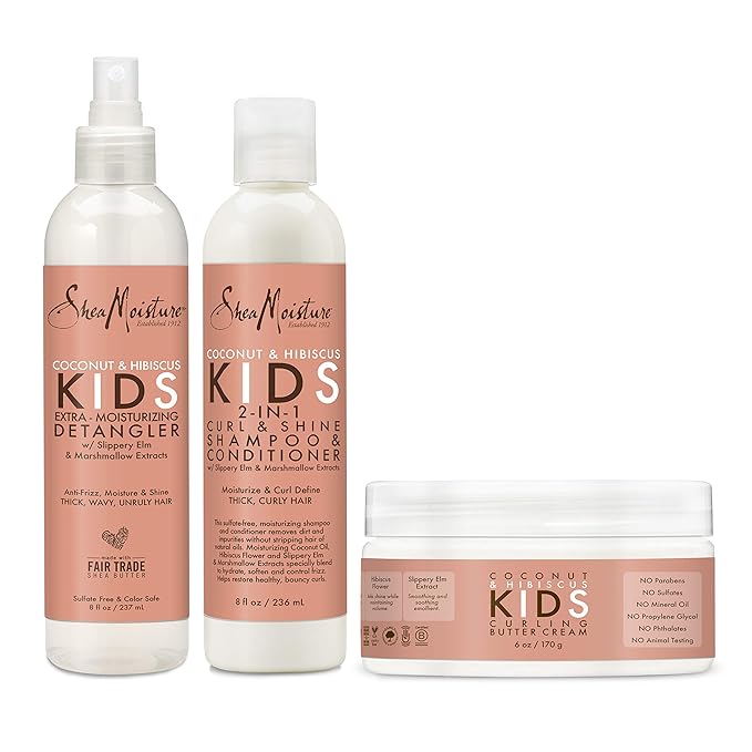 Shea Moisture SheaMoisture Kids Extra Moisturizing Detangler, 2-In-1 Curl & Shine Coconut Hibiscus Shampoo & Conditioner, and Curling Butter Cream for Curly Hair 3 Count Moisturiser