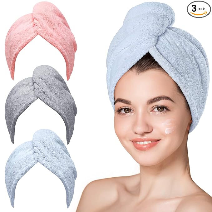 Hicober Hicober Microfiber Hair Towel Wrap, Fast Drying Hair Towels for Women, Soft Lightweight Quick Dry Turban for Curly & Long Hair–3 Pack(Blue/Grey/Pink) skincare