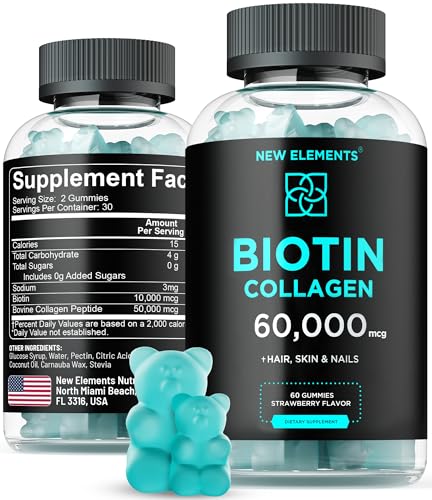 New Elements Biotin & Collagen Peptides Gummies - 50,000mcg Collagen + 10,000mcg Biotin | Hair, Skin & Nails Support for Men & Women | Hair Growth, Glowing Skin & Strong Nails | Non-GMO, Chewable, Great-Tasting skincare