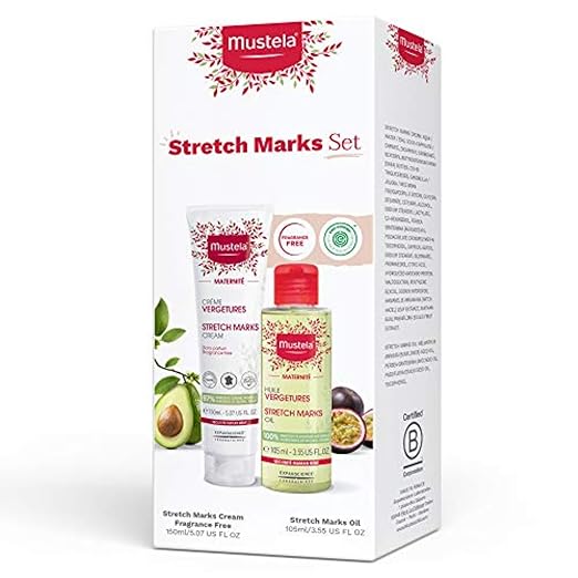 Mustela Maternity Stretch Marks Set - Natural Pregnancy Skincare - Contains Stretch Marks Cream & Belly Oil - EWG Verified & Fragrance-Free - 2 Items Set Moisturiser