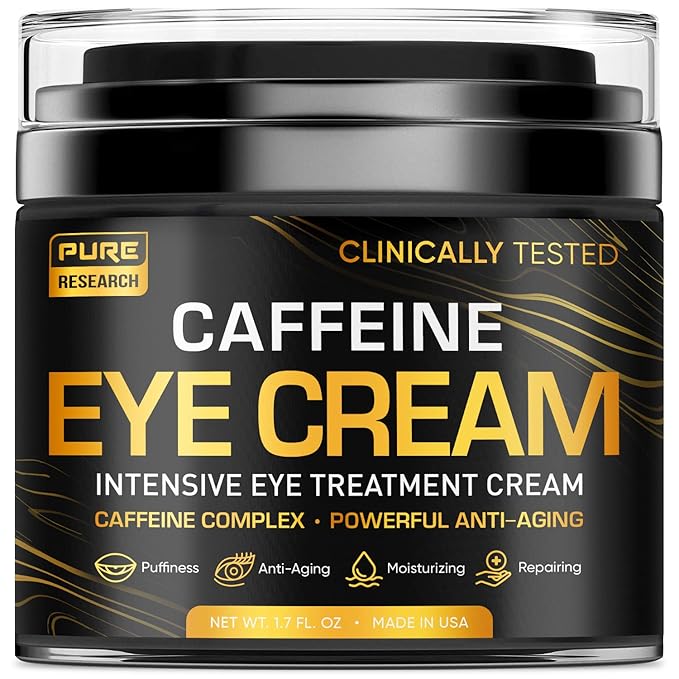 PURE RESEARCH Caffeine Eye Cream For Anti Aging, Dark Circles, Bags, Puffiness. Great Under Eye Skin + Face Tightening, Eye Lift Treatment For Men & Women 1.7oz Eye Cream