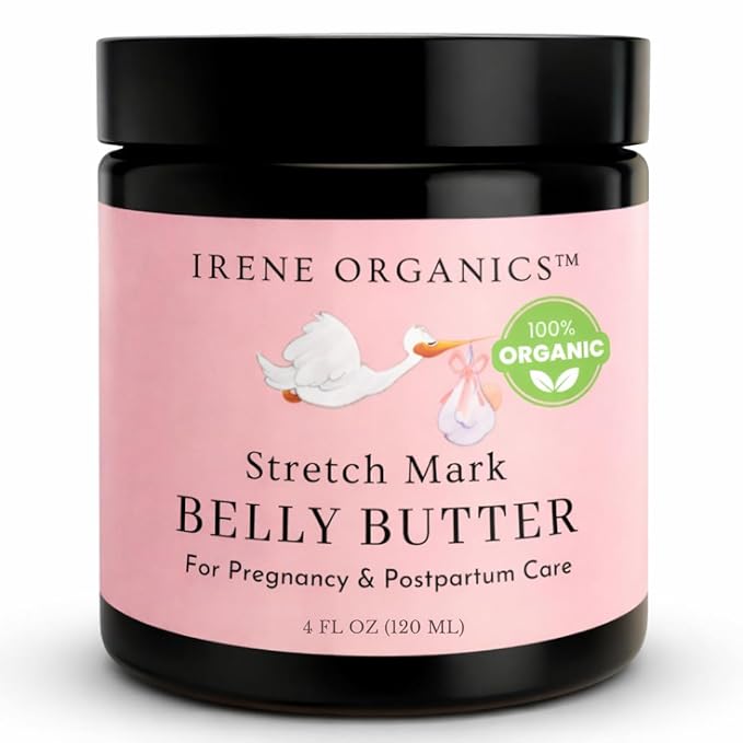 Irene Organics Organic Belly Butter for Pregnancy Stretch Mark Prevention and Treatment by Irene Organics - Award Winning Anti Stretch Mark Tummy Balm For Pregnancy and Postpartum 4oz - Hydrating Bump Cream Moisturiser