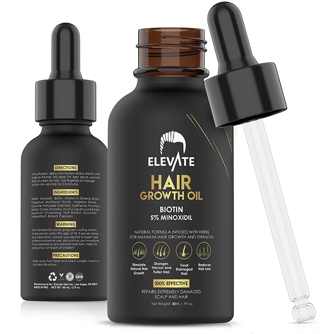 Elevate Elevate Hair Regrowth Treatment 5% Minoxidil Solution - Biotin Serum Hair Growth Oil for Men & Women - Thicker Fuller Stronger Hair - Stops Hair Loss & Thinning - Natural Hair Thickening Treatment 1oz Serum