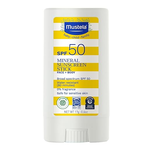 Mustela Baby Mineral Sunscreen Stick SPF 50 Broad Spectrum - Face & Body Sun Stick with 70% Organic Ingredients - Ultra Sheer, Water Resistant & Fragrance-Free - 0.6 oz. Sunscreen