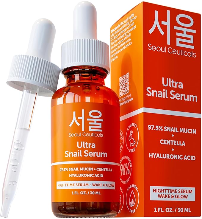 SeoulCeuticals SeoulCeuticals Korean Skin Care 97.5% Snail Mucin Serum – K Beauty Skincare Anti Wrinkle Cica Night Serum Hyaluronic Acid for Face 1oz Serum