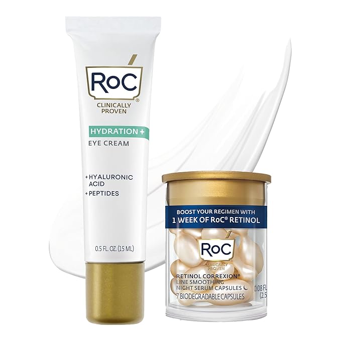 RoC RoC Multi Correxion Hyaluronic Acid Anti Aging Under Eye Cream for Puffiness & Dark Circles (.5 OZ) + RoC Retinol Capsules (7 CT), Skin Care Routine, Fragrance & Paraben Free for Women and Men Eye Cream