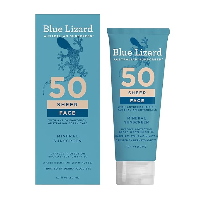 BLUE LIZARD Blue Lizard Sheer Face Mineral SPF 50 Sunscreen Lotion, 100% Mineral Formula, Blue Light Protection, Lightweight, No White Cast, Nourishes and Hydrates, Paraben-Free, Fragrance-Free, 1.7 fl oz Sunscreen