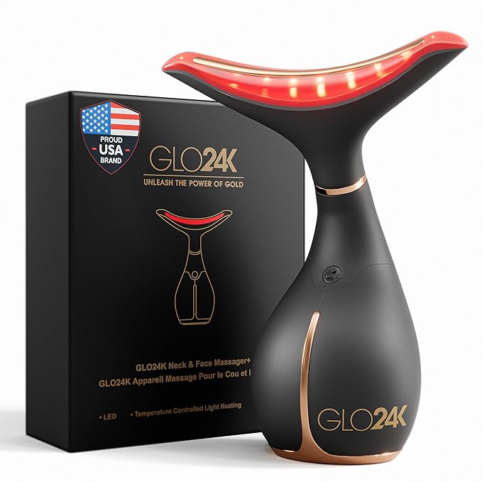 GLO24K UNLEASH THE POWER OF GOLD GLO24K Red Light Face & Neck Beauty Device – 3-in-1 Facial Massager Tool with LED & Vibration for Skin Revitalization and Neck Firming skincare