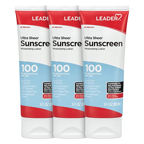 Leader LEADER Travel Sunscreen SPF 100+, Ultra Sheer Dry-Touch Water Resistant and Non-Greasy Lotion with Broad Spectrum SPF 100+, 3 Fl Oz (3 Pack) Sunscreen