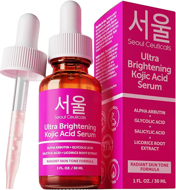 SeoulCeuticals SeoulCeuticals Korean Skin Care Kojic Acid Serum Alpha Arbutin – Dark Spot Remover Corrector Glycolic Acid + Salicylic Acid K Beauty 1oz Exfoliator