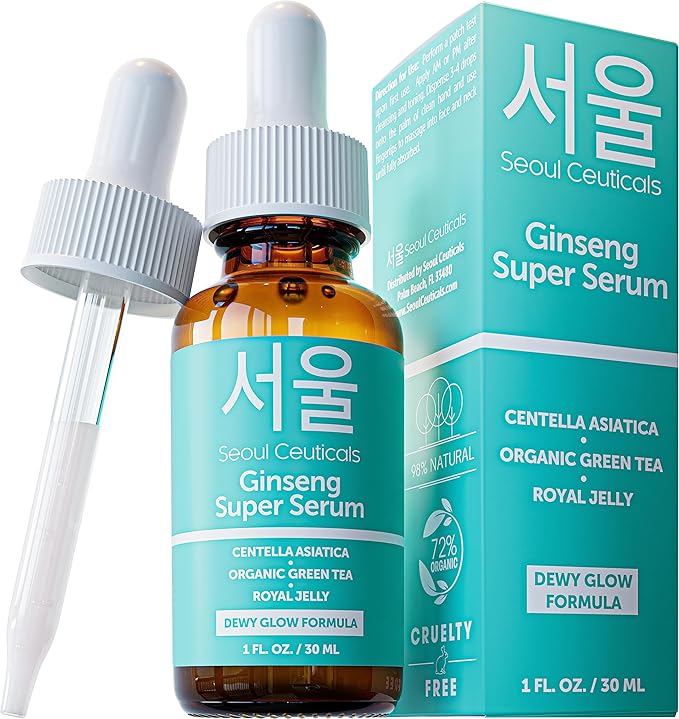 SeoulCeuticals SeoulCeuticals Korean Skin Care Ginseng Serum - K Beauty Skincare with Green Tea + Centella + Royal Jelly - Cruelty Free & Organic for Dewy Glow 1oz Serum