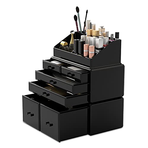 READAEER READAEER Makeup Organizer 3 Pieces Cosmetic Storage Case with 6 Drawers (Black) skincare