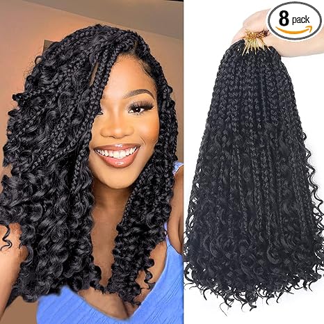 Diha Goddess Bohemian Box Braids Crochet Hair - 14 Inch Curly Ends, 8 Packs Synthetic Braiding Hair Extensions for Black Women (14 Inch, 1B) skincare