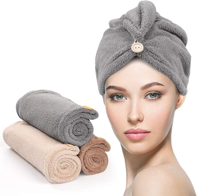 YFONG YFONG 3 Pack Hair Drying Towels, Hair Towel with Button, Super Absorbent Microfiber Hair Towel for Curly Hair, Fast Drying Hair Wraps for Women Girls, Microfiber Towel for Hair skincare