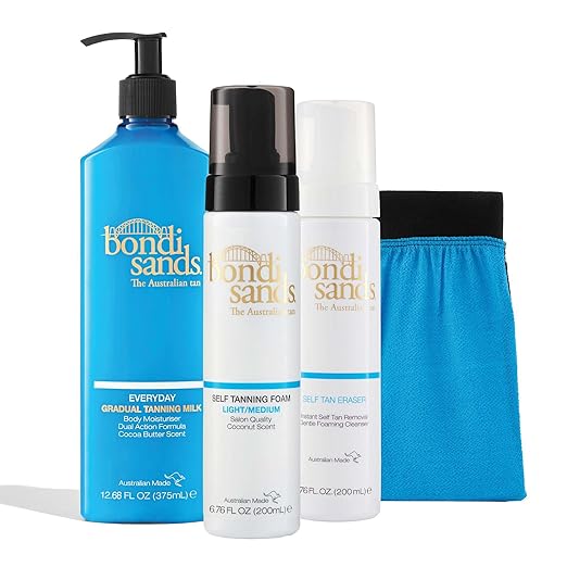 Bondi Sands Prep and Glow Bundle | Includes Self Tan Eraser, Exfoliation Mitt, Light/Medium Sunless Foam + Everyday Gradual Tanning Milk ($76 Value) Exfoliator