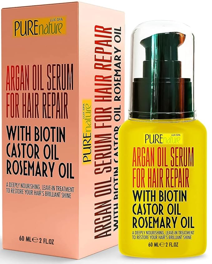PURE NATURE LUX SPA Moroccan Argan Oil Hair Serum - Rescue Frizzy and Damaged Locks - With Heat Protectant and Straightening Properties - Hydrating Anti Frizz Products For Curly and Straight Hair with Split Ends Serum