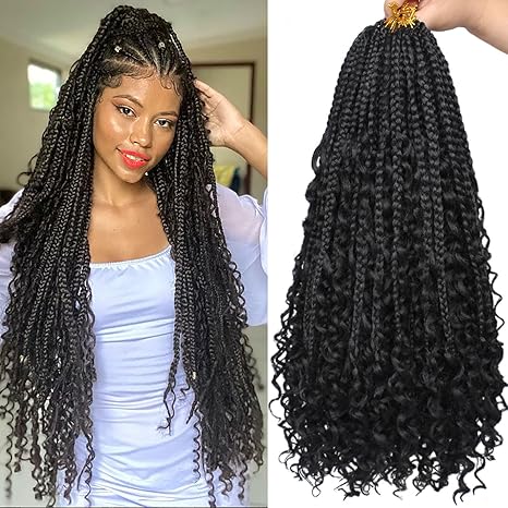 Union Beauty Unionbeauty 8 Packs 24 Inch Boho Box Braids Crochet Hair Curly Ends Goddess Box Braids Hair Distressed Butterfly Bohemian Hippie Braids Pre-looped Synthetic Braiding Hair Extension for Black Woman 1B# skincare