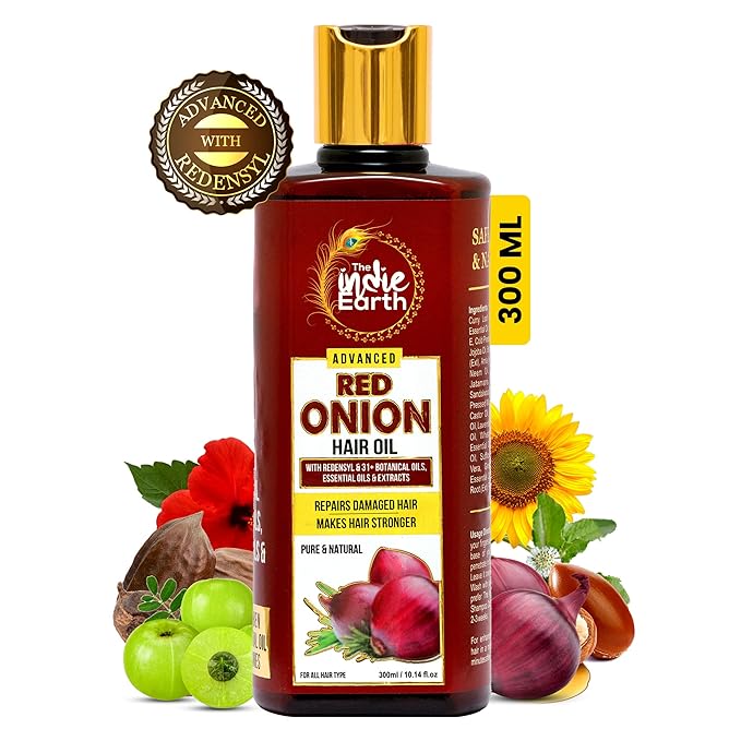 The Indie Earth Advanced Red Onion Hair Growth Oil with Redensyl – Infused with 31+ Powerful Natural Herbs & Extracts Including Bhringraj, Tea Tree, Rosemary, Jojoba & Argan Oil - Anti Hair Fall & Hair Regrowth Oil skincare