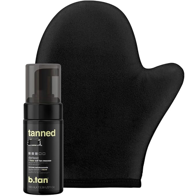 B.TAN b.tan Travel Size Dark Self Tanner Kit | Get Tanned Mini Bundle - Dark Fake Tanning Mousse with Mitt Applicator, 1 Hour Express Sunless Foam, Best Fast Bronzing Glow, Vegan, Cruelty Free, 3 Fl Oz skincare