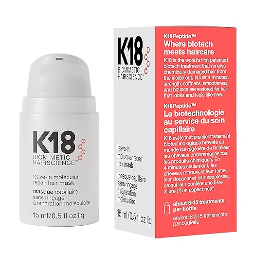K18 Leave-In Molecular Repair Hair Mask, Patented, Lasting Repair For Dry, Frizzy, Damaged Hair, Reverse Damage In 4 Minutes From Bleach, Color, Chemical Services + Heat skincare