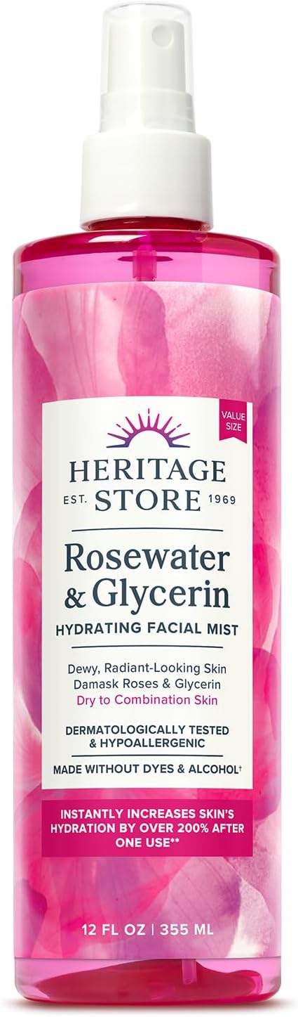 HERITAGE HERITAGE STORE Rosewater & Glycerin Hydrating Facial Mist - Dry Combination Skin Care - Rose Water Spray w/Vegetable Glycerine, Made Without Dyes or Alcohol, Hypoallergenic, 12 FL OZ skincare