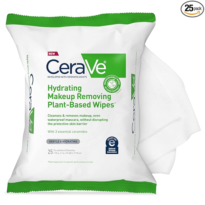 CeraVe CeraVe Makeup Remover Wipes, Plant Based Face Wipes, Biodegradable in Compost, Waterless Face Wash, Travel Essentials for Women, Suitable for Sensitive Skin, Fragrance-free + Non-comedogenic, 25ct Water Cleanser