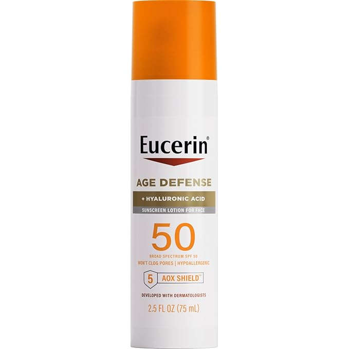 Eucerin Eucerin Sun Age Defense SPF 50 Face Sunscreen Lotion with Hyaluronic Acid, Hypoallergenic, Non-Comedogenic Sunscreen SPF 50 Free of Fragrance, Oxybenzone and Octinoxate, 2.5 Fl Oz Bottle Sunscreen