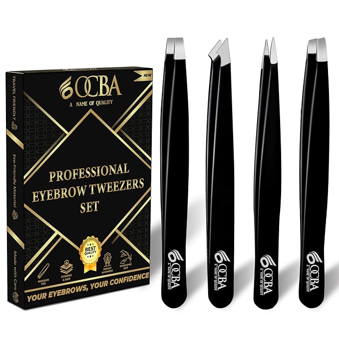 OCBA 4 Pcs Tweezers for Facial Hair Women & Men for Precise Grooming of Eyebrows - Professional Stainless Steel Black Color Coated Eyebrow Tweezers for Ingrown Hair on Nose Ear skincare