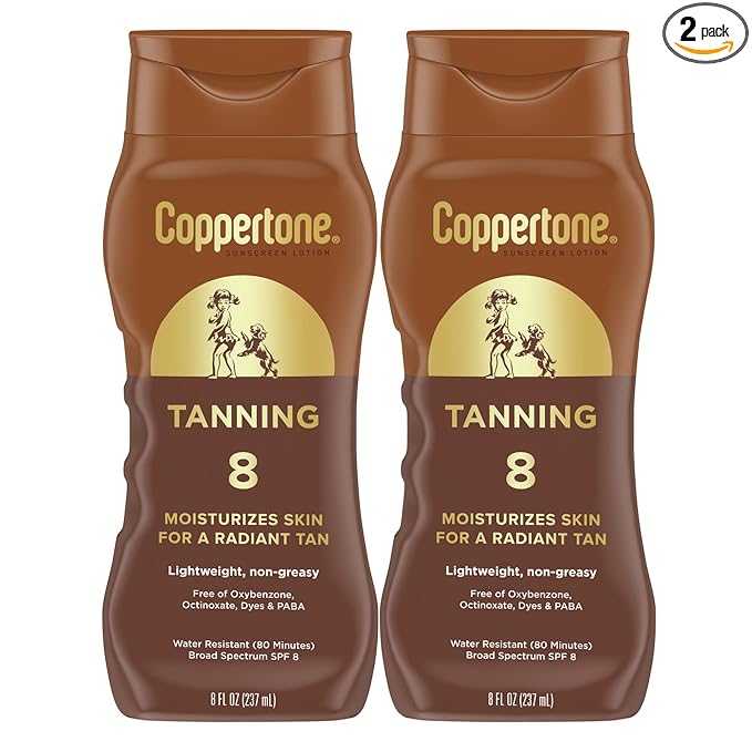 Coppertone Coppertone Sunscreen Tanning Lotion SPF 8, Lightweight and Non Greasy Sunscreen, Water Resistant, Oxybenzone Free, Sun Tan Lotion Moisturizes Skin for a Radiant Tan, 8 Fl Oz Bottle, Pack of 2 Sunscreen
