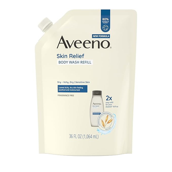 Aveeno Aveeno Skin Relief Body Wash Fragrance-Free + Triple Oat Formula, Gentle Daily Cleanser for Sensitive Skin Leaves Itchy, Dry Skin Feeling Soothed & Moisturized, Body Wash Refill, 36 fl. oz Water Cleanser