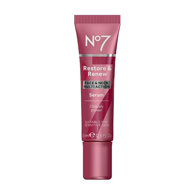No7 No7 Restore & Renew Multi-Action Face & Neck Serum - Anti Aging Serum for Deep Wrinkle Repair - Collagen Infused Skincare with a Hydrating Blend of Hibiscus Peptides & Hyaluronic Acid (0.5 Fl Oz) Serum