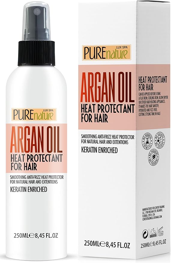 PURE NATURE LUX SPA Moroccan Argan Oil Heat Protectant Spray for Hair - Leave In Thermal Guard against Flat Iron, Straightener and Blow Dry Damage - Hydrating Anti Frizz Control for Straight, Black and Curly Locks skincare