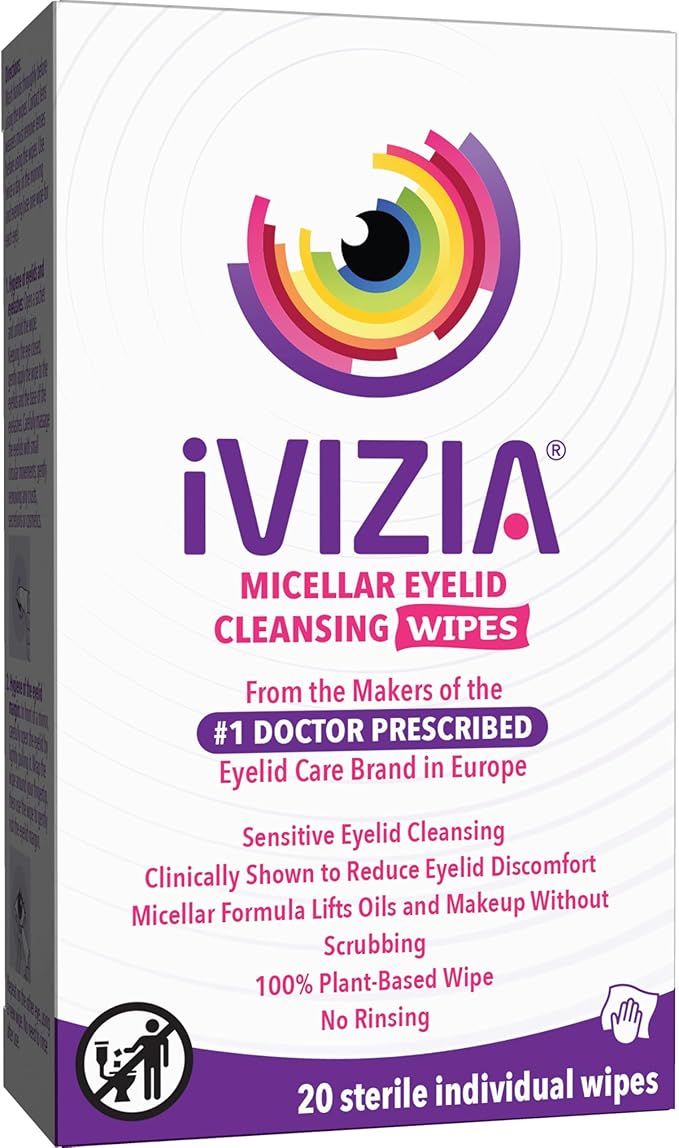 iVIZIA iVIZIA Eyelid Cleansing Wipes for Sensitive Eyelid Cleansing, Preservative-Free, Micellar, No Rinse, Gentle Eye Makeup Remover, 20 Sterile Single-Use Wipes for Eyelids Packaging May Vary skincare