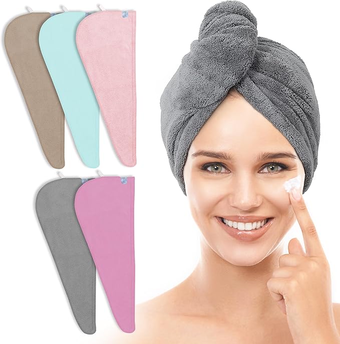 TENSTARS TENSTARS 5 Pack Thicken Microfiber Hair Towel Wrap for Women - Elastic Loop Design - 320GSM Coral Velvet - Quick Dry Hair Turban - 11x28 Inch (Grey+Pink+Brown+FrozenBlue+FrozenBerry) skincare
