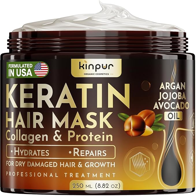 KINPUR ORGANIC COSMETICS Keratin Hair Mask for Dry, Damaged or Long Hair - Deep Conditioner Masque with Protein, Coconut, Jojoba & Avocado Oil – Collagen Treatment