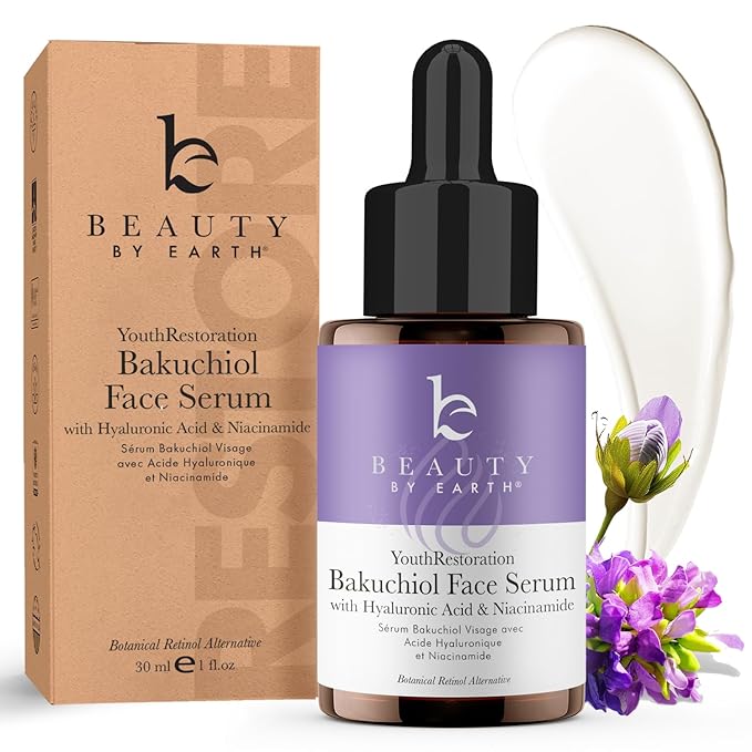 Beauty by Earth Bio Retinol Alternative Bakuchiol Serum - Smooths Skin & Reduces Fine Lines, USA Made with Natural & Organic Ingredients, Anti-Aging Skin Care Formula, Vegan, Cruelty Free Serum
