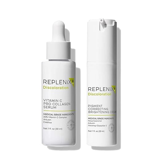 Replenix Brightening & Correction Treatment Skin Care Bundle, Medical-Grade Set Includes Pigment Correcting Brightening Cream (1 fl. oz) & Vitamin C Pro Collagen Face Serum (1 fl. oz) Serum
