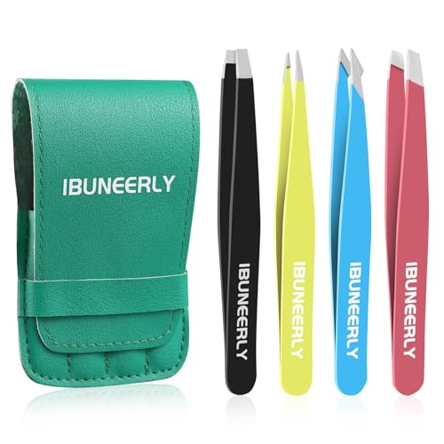 iBuneerly iBuneerly Eyebrows Tweezers Set, 4Pcs Stainless Steel Tweezers for Women with Travel Case, Great Precision for Ingrown Hair, Facial Hair and Splinter Removal skincare